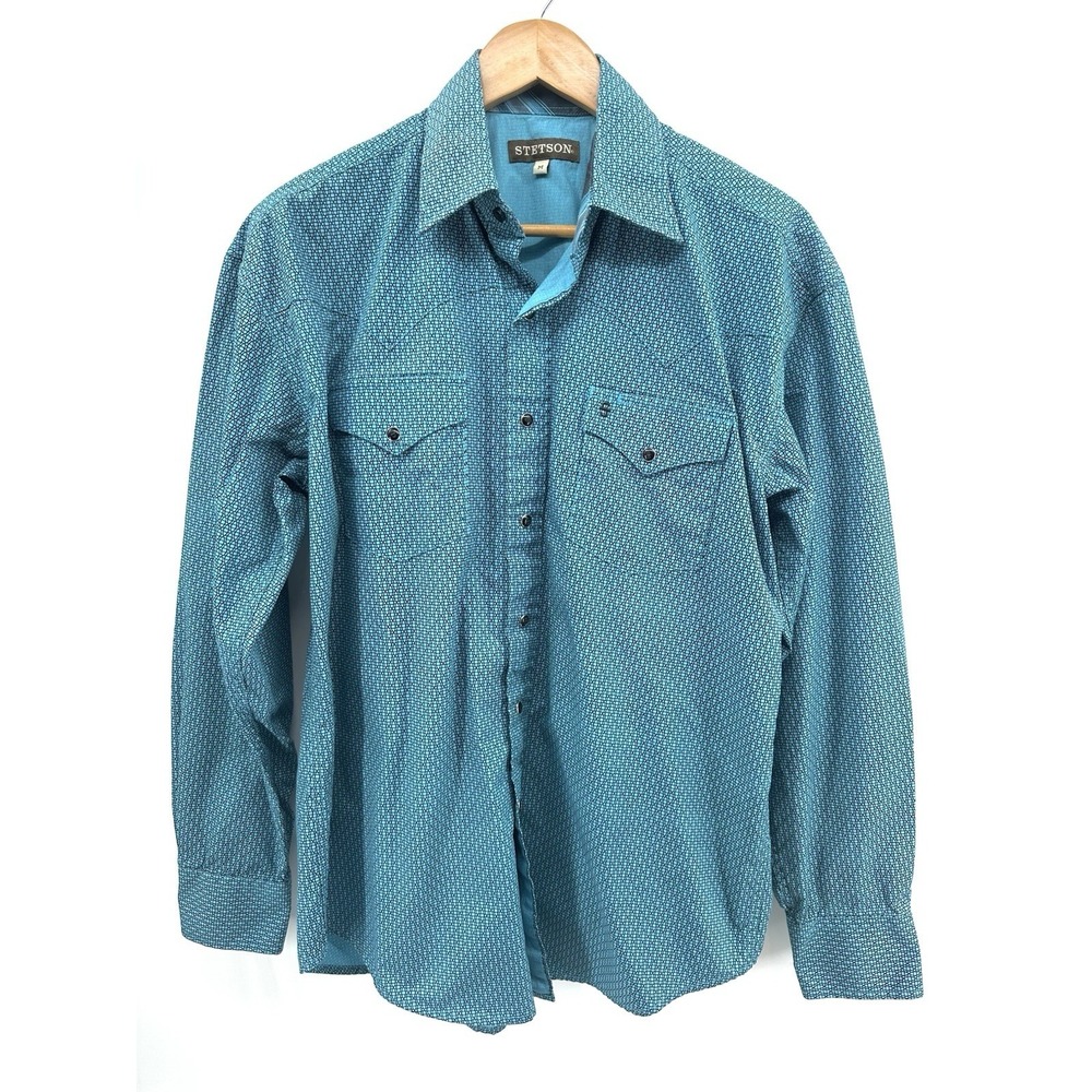 Stetson Western Snap Shirt Mens M Teal Geometric Cowboy Rodeo Pearl TT22